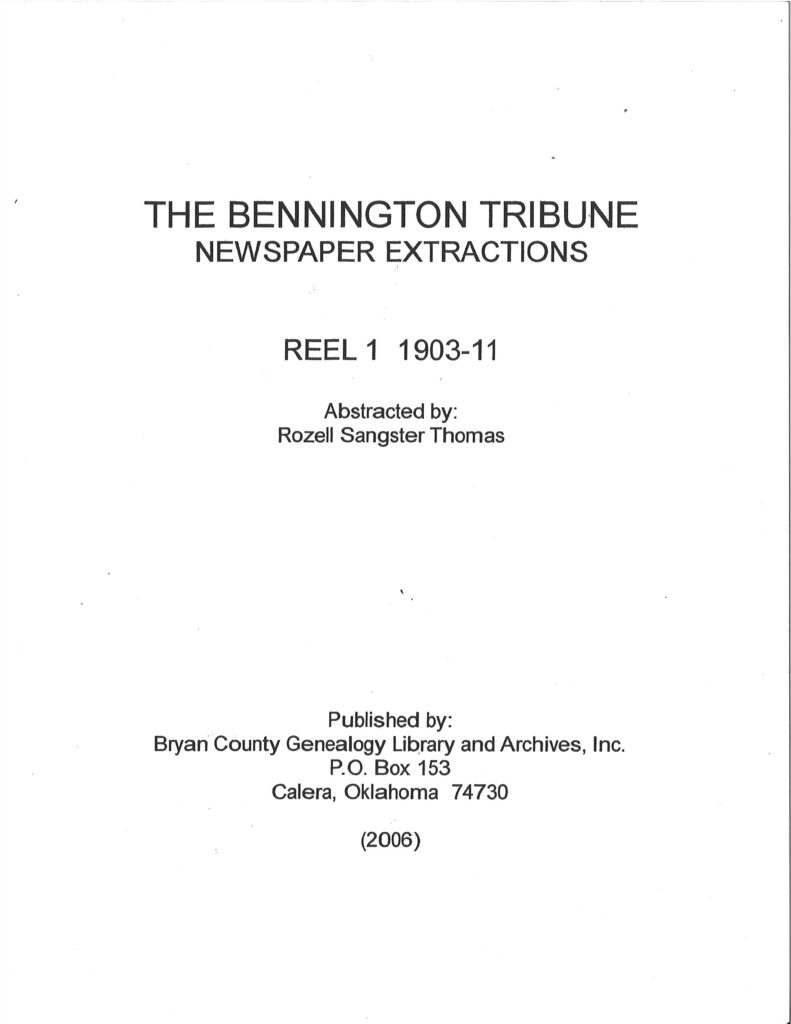 NEWSPAPER EXTRACTIONS-The Bennington Tribune, Nov.16, 1903-Dec. 31, 1911