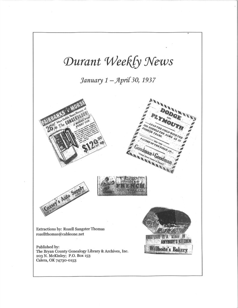 NEWSPAPER EXTRACTIONS-Durant Weekly News, Jan. 1 - April 30, 1937