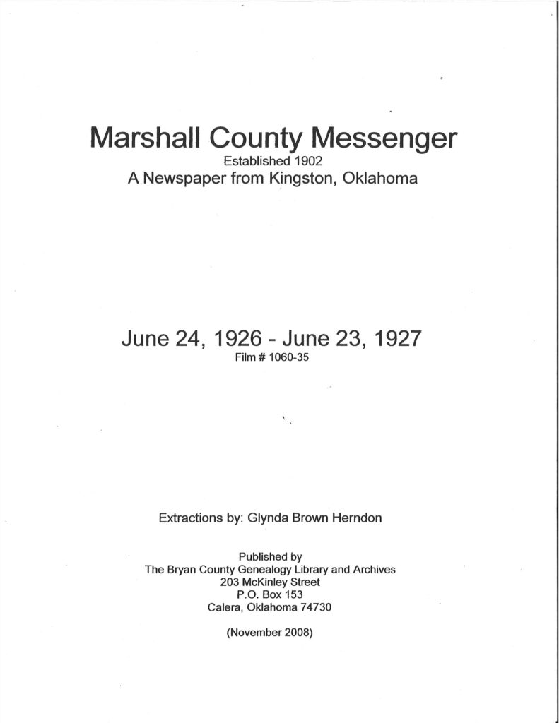 NEWSPAPER EXTRACTIONS-The Marshall County Messenger, June 24,1926-June 23,1927,(Madill/Kingston)