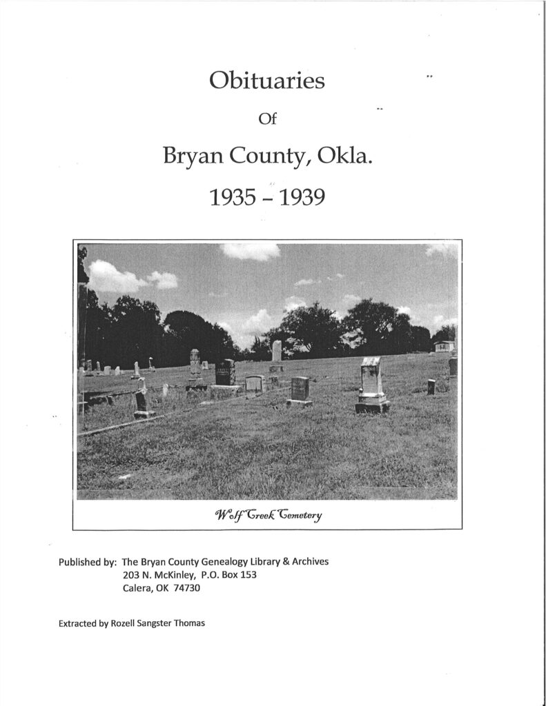 Obituaries of Bryan Co. 1935 - 1939
