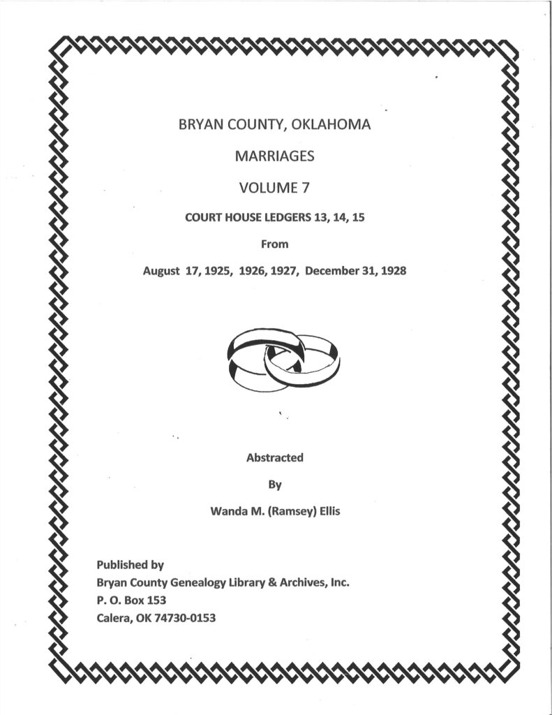 MARRIAGE RECORDS, BRYAN COUNTY OKLA, VOL. 7