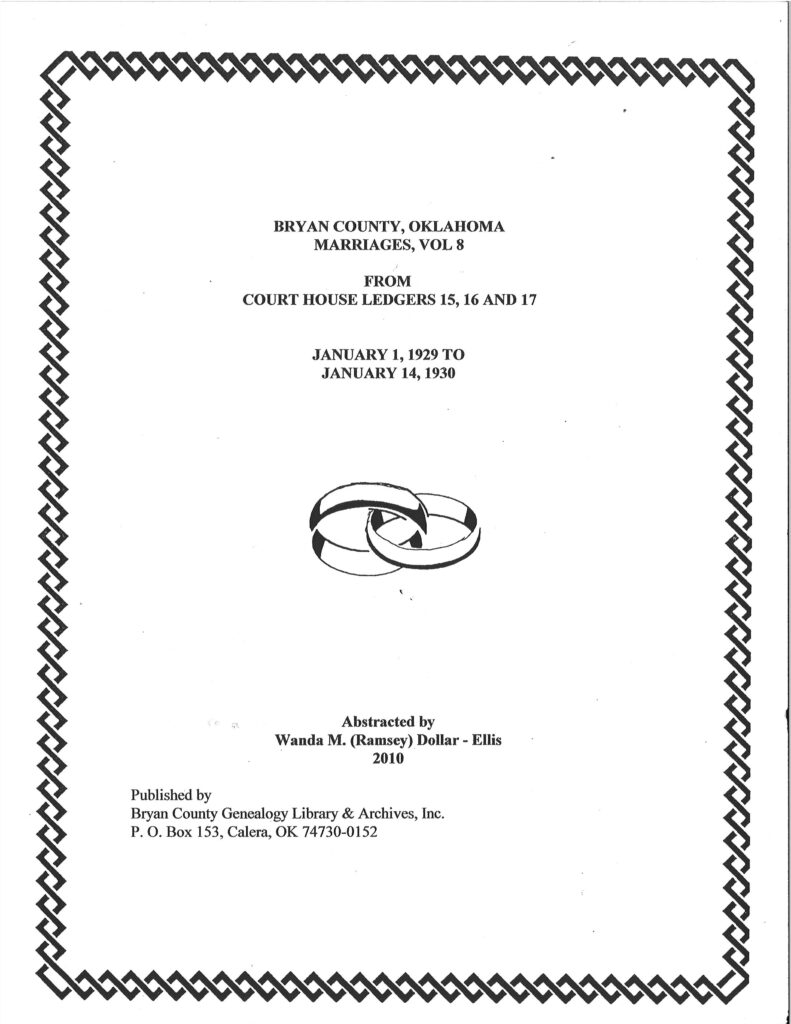 MARRIAGE RECORDS, BRYAN COUNTY OKLA, Vol. 8