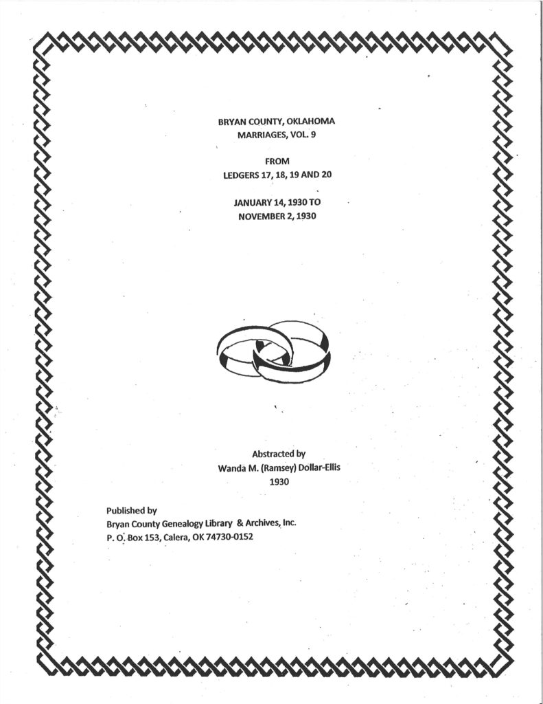 MARRIAGE RECORDS, BRYAN COUNTY OKLA, Vol. 9