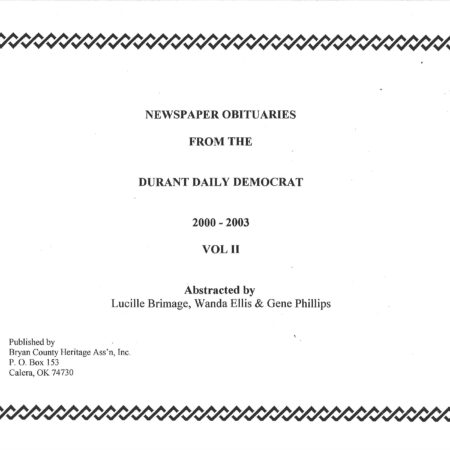 OBITUARY INDEXES OF  BRYAN COUNTY, OKLA, Vol 2